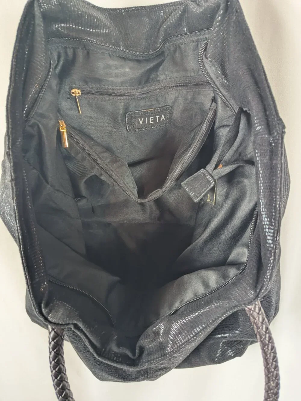 Vieta Black Tote Shoulder Bag Shiny Metallic Fabric Braided Double Handle Lined